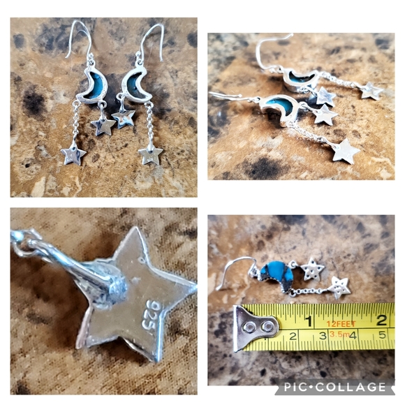 Genuine Turquoise & Pyrite Moon and Stars Earrings - Picture 6 of 6